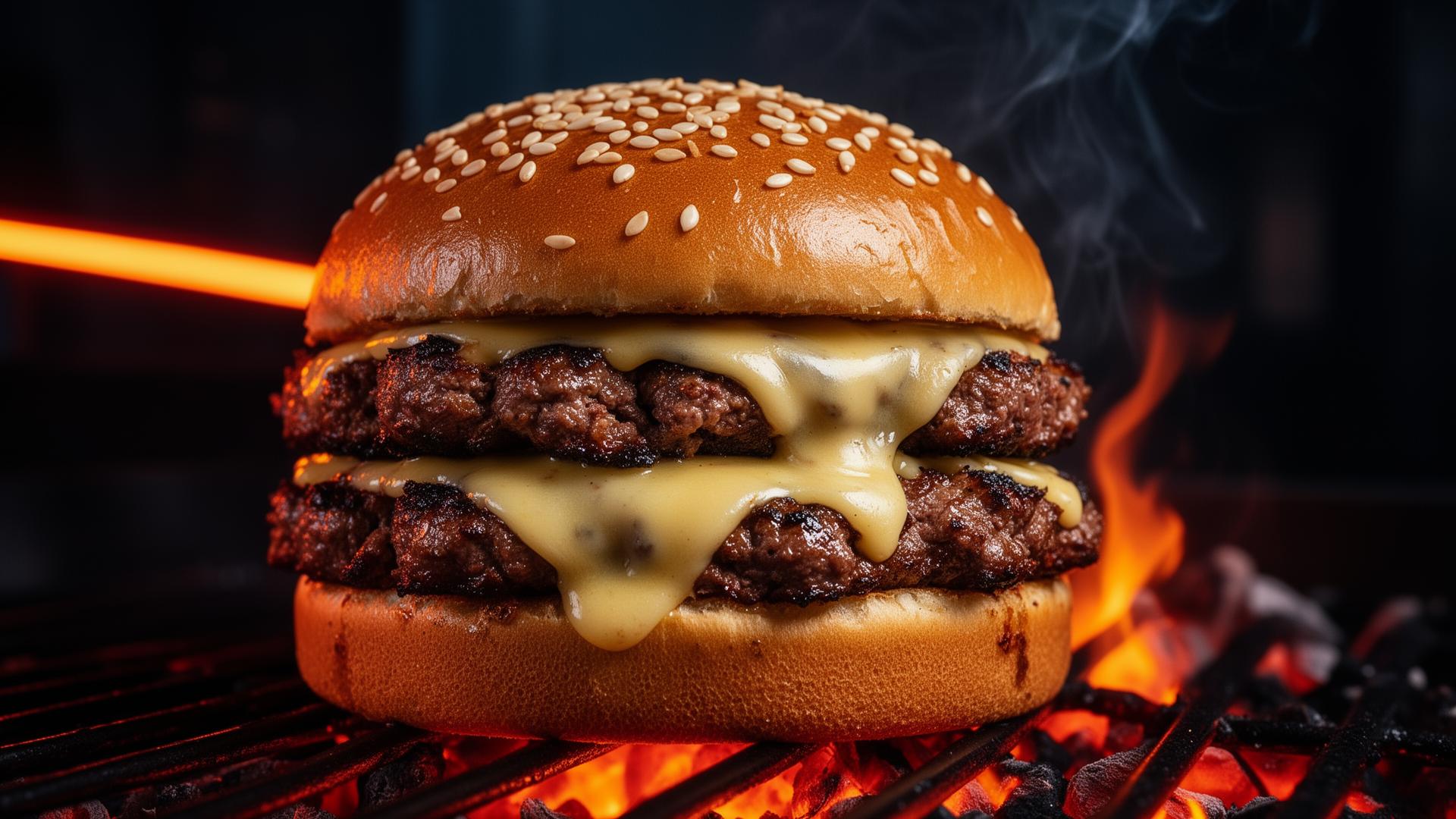 Cinematic double smash burger with melting cheese on a flaming grill